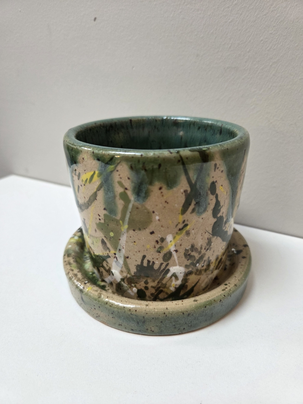 Handcrafted Ceramic Planter in Green Splash Glaze with Saucer